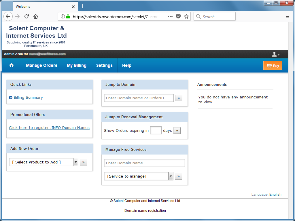 Domain Name Control Panel Home